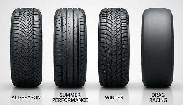 Side-by-side comparison showing different tire types including all-season, summer performance, winter, and drag racing tires