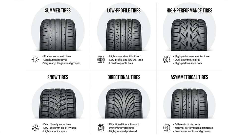 Infographic showing tire types and tread patterns for bug-out vehicles including summer, low-profile, high-performance, snow, directional, and asymmetrical tires
