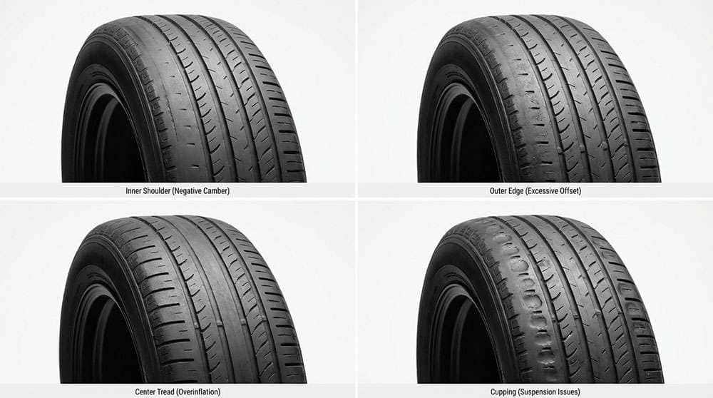 Passenger car tires showing various uneven wear patterns on the tread surfaces for comparison and analysis