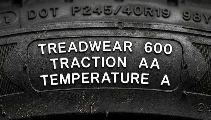 Close-up of UTQG tire rating label showing treadwear, traction, and temperature grades
