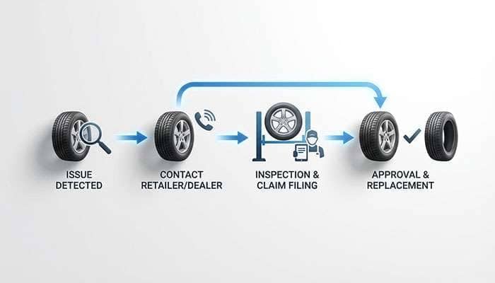 Diagram illustrating the steps to file a Michelin tire uneven treadwear warranty claim process