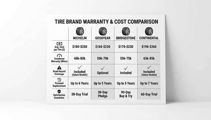 Warranty and cost comparison chart for tire brands