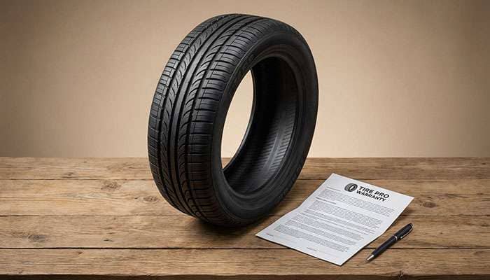 Close-up of a tire with a warranty document and a pen on a wooden table, symbolizing tire warranties and coverage