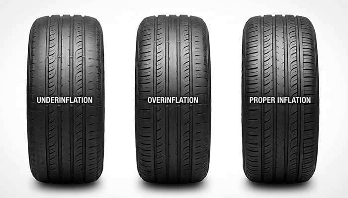 Passenger car tires showing various uneven tread wear patterns indicating different alignment or maintenance issues