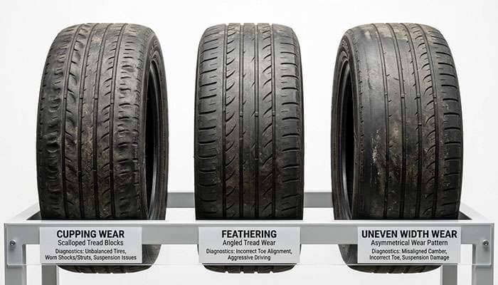 Side-by-side comparison showing different tire wear patterns including cupping, feathering, and uneven wear