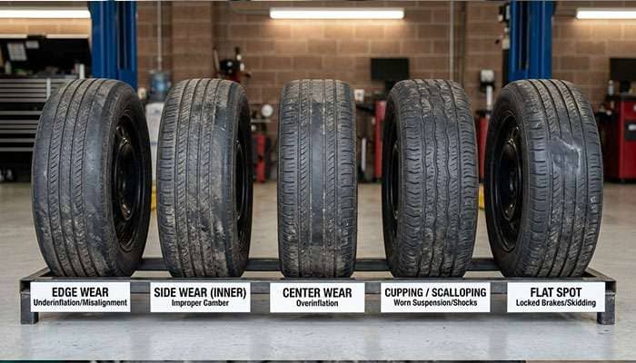 Five tires showing different wear patterns labeled edge wear, side wear, center wear, cupping, and flat spot for diagnosis.