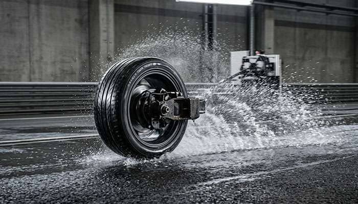 Tire being tested on wet pavement showing water spray and braking performance evaluation