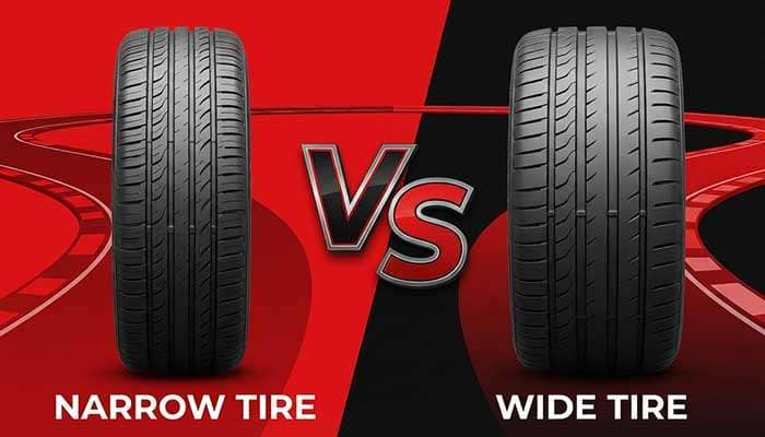 Comparison of 235 tires versus 245 tires with a red and black background and a VS symbol in the center