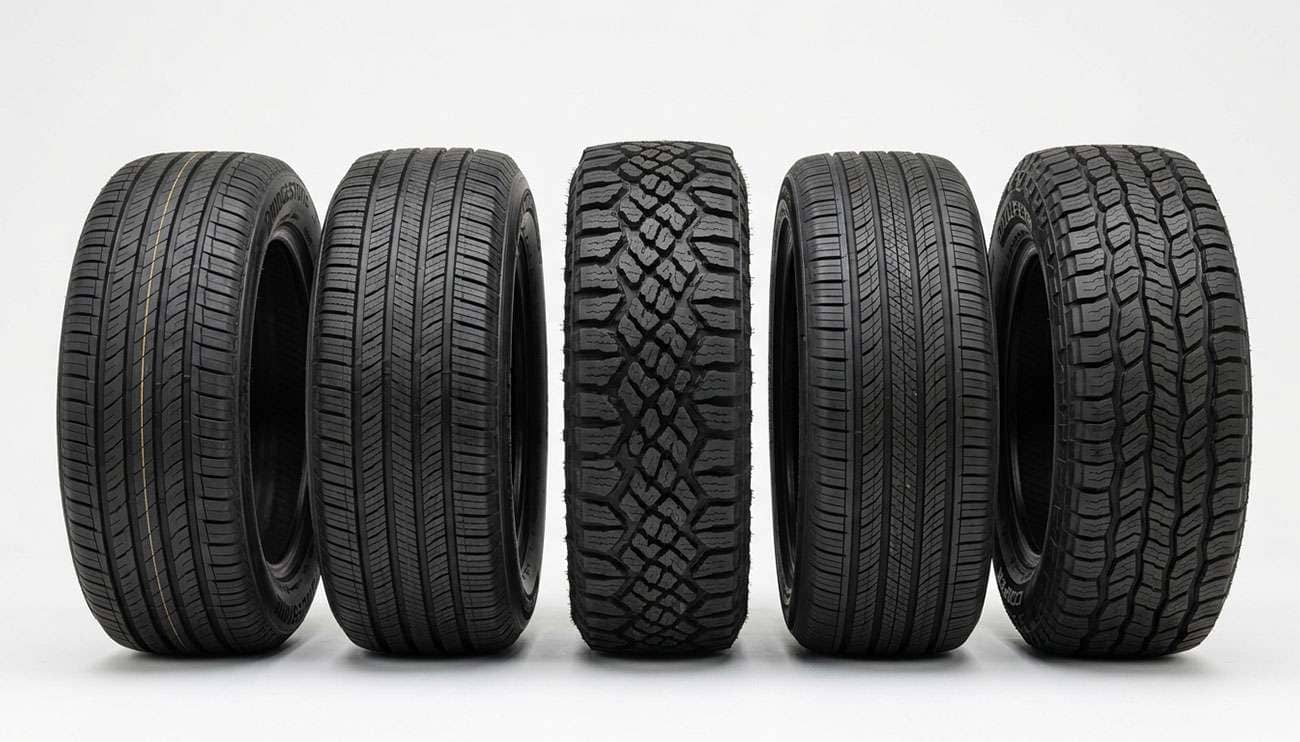 Row of new passenger and light truck tires standing side by side, each built at a different tire factory