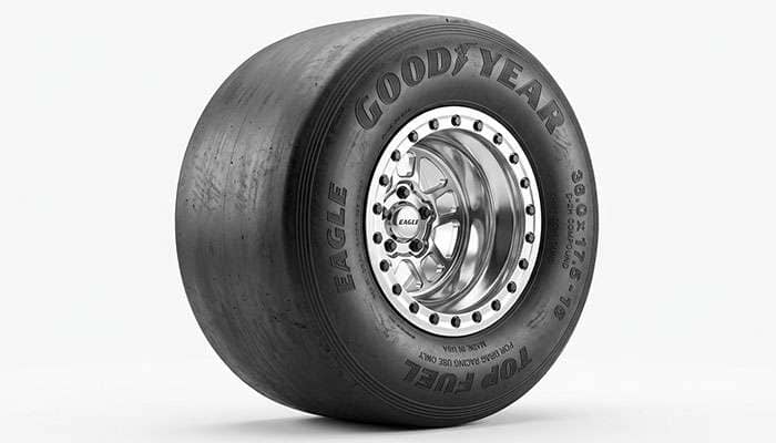 Goodyear Racing Eagle Top Fuel rear drag tire mounted on a 16-inch beadlock wheel