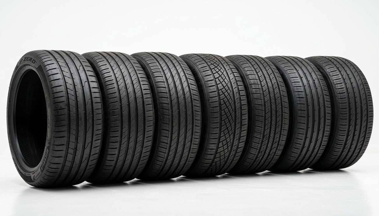 Row of premium all-season and performance tires displayed on a clean white seamless studio backdrop