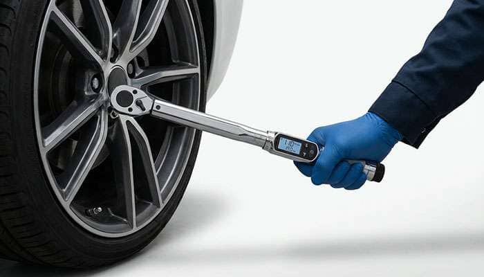 Torque wrench being used to tighten lug nuts on wheel