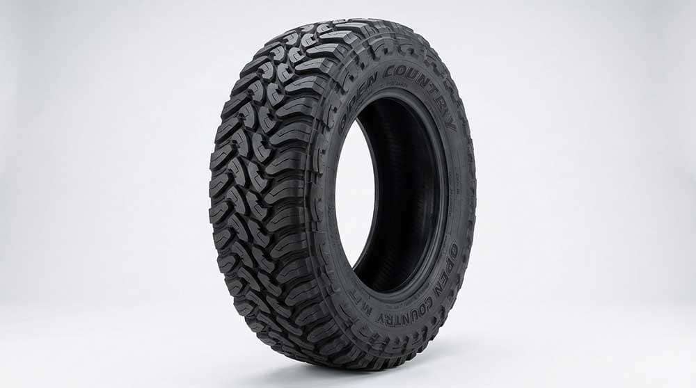 Close-up of a Toyo Open Country MT 275/65R20 tire showcasing its tread pattern in an outdoor setting