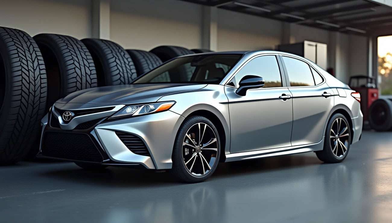 Silver Toyota Camry parked indoors with stacked aftermarket tires in the background