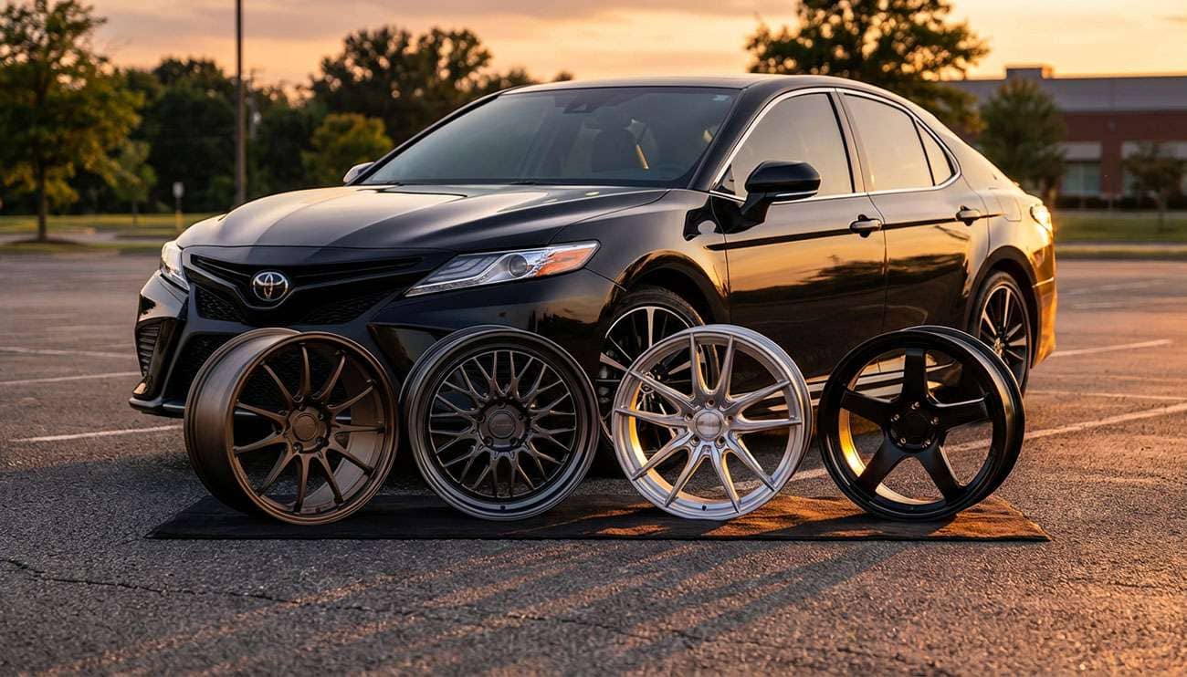 Black Toyota Camry parked with four different aftermarket wheels displayed in front at sunset