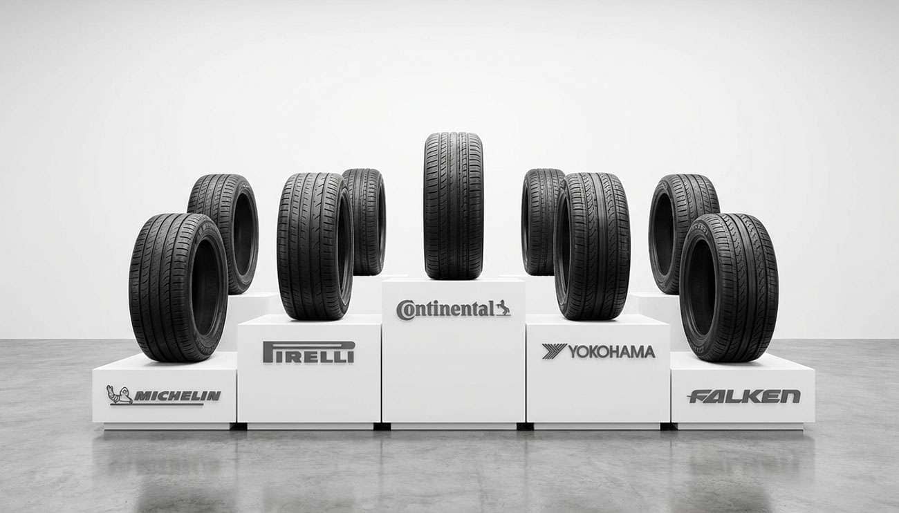 Display of various aftermarket tires on white stands with brand logos in a modern showroom setting