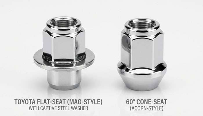 Toyota flat-seat lug nut with captive washer next to a 60-degree cone-seat lug nut, side by side