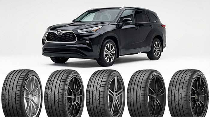 Black Toyota Highlander with five different tire models displayed below
