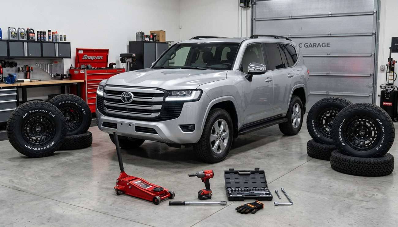 Silver Toyota Land Cruiser in garage with four aftermarket wheels and tire-changing tools on the floor