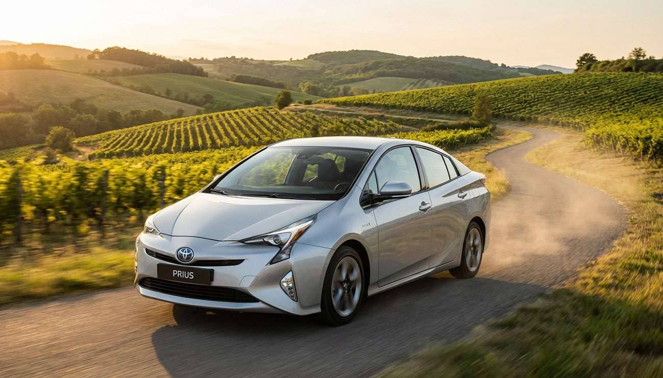 Silver Toyota Prius driving on a rural road with vineyards and hills in the background