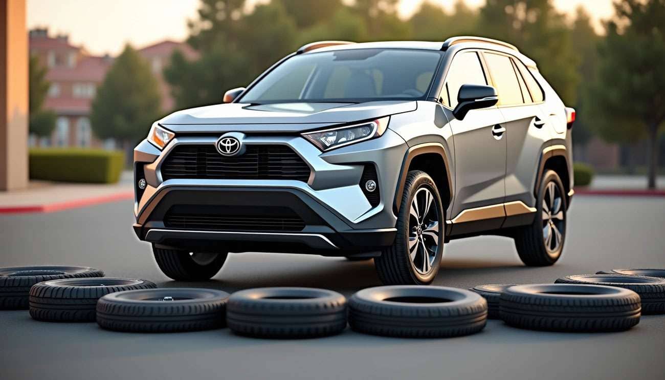 Silver Toyota RAV4 SUV parked behind a row of aftermarket replacement tires on a street at sunset