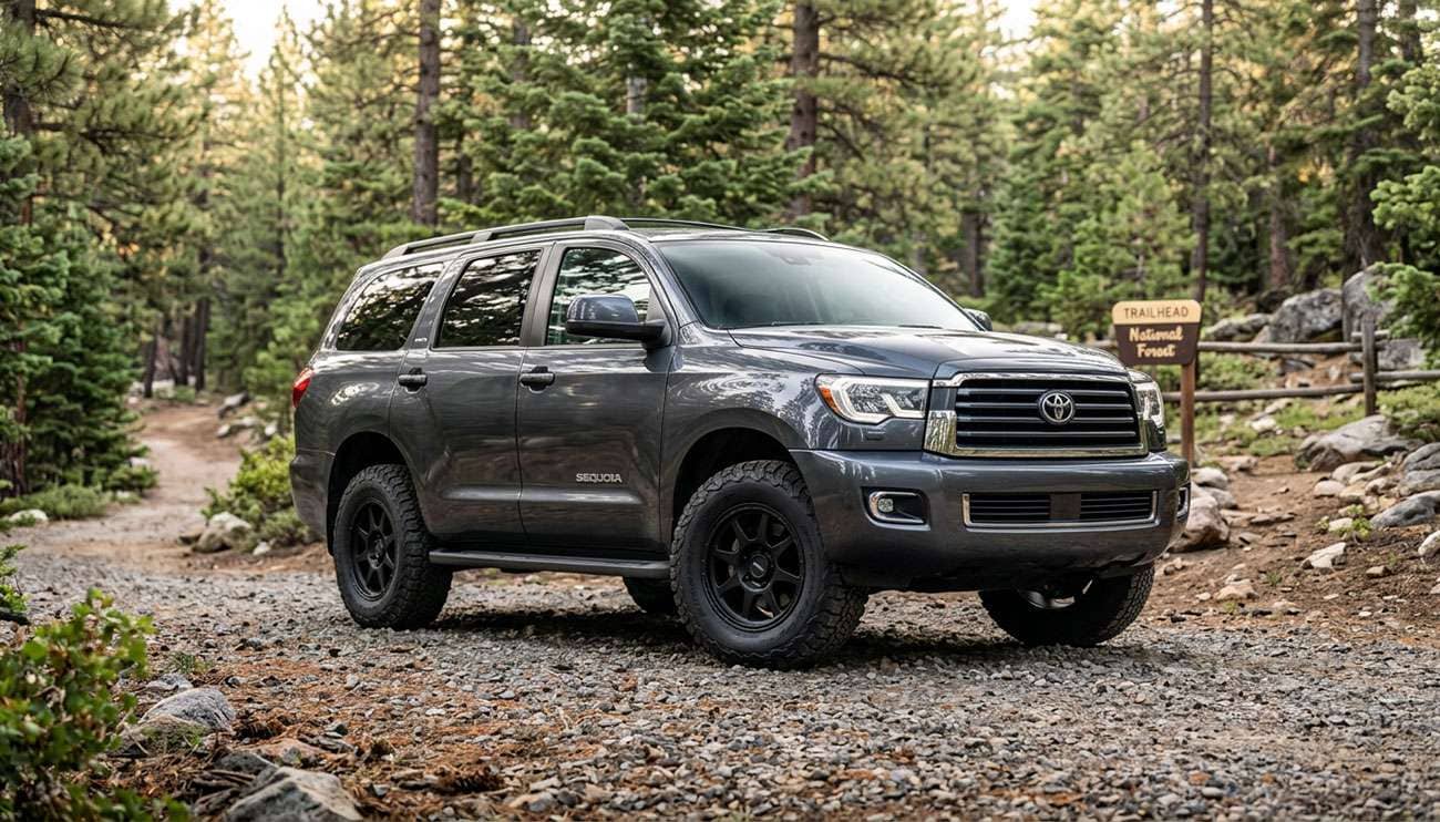 Toyota Sequoia full-size SUV on 33-inch all-terrain tires parked at a gravel trailhead at stock ride height