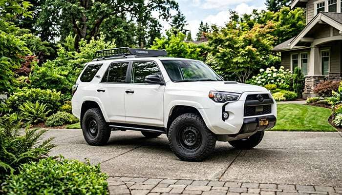 White Toyota SUV with black steel wheels and off-road tires parked on a driveway with greenery in the background.