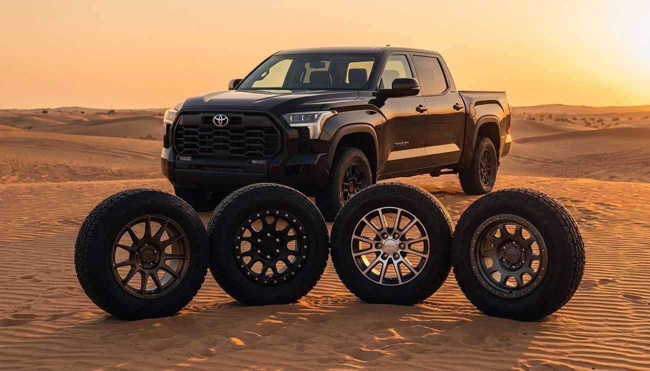 Black Toyota Tundra truck parked in desert sand with four different wheel styles displayed in front