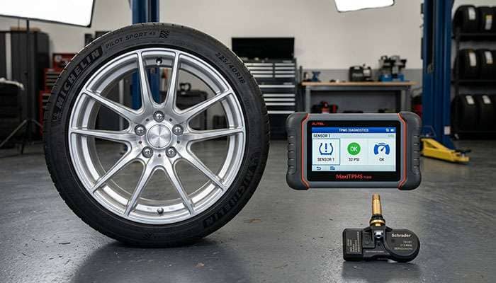 TPMS sensor and programming tool displayed near a car tire and alloy wheel on a garage floor.