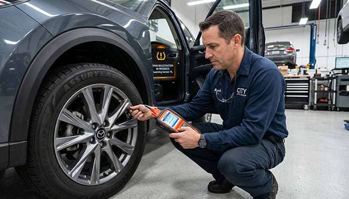 Mechanic using TPMS programming tool to register sensors on aftermarket wheels