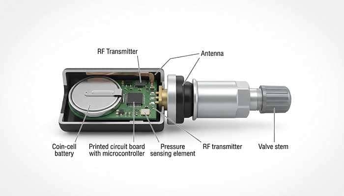 Diagram showing the internal structure and QR code location on two types of tire pressure sensors.