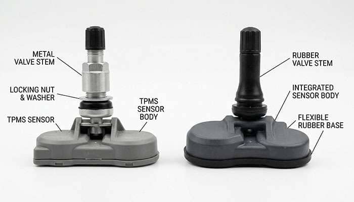 Comparison of clamp-in metal and snap-in rubber TPMS valve stem sensor types side by side