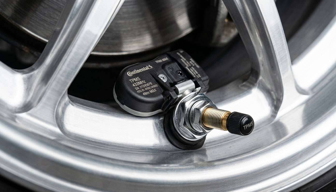 TPMS sensor installed in aftermarket wheel showing tire pressure monitoring system components