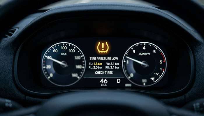 Amber TPMS tire pressure warning light illuminated on a vehicle instrument cluster