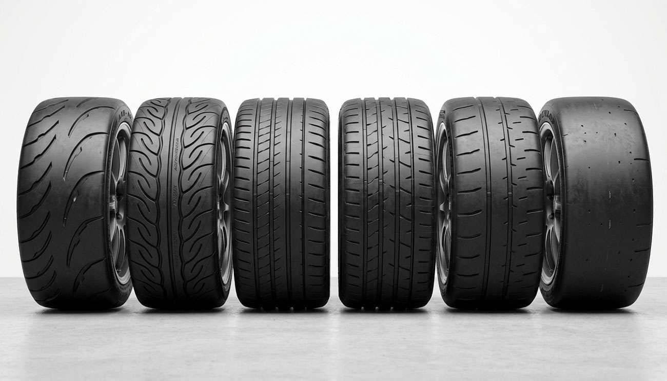 Row of track day tires displayed showing aggressive tread patterns and DOT race compound construction