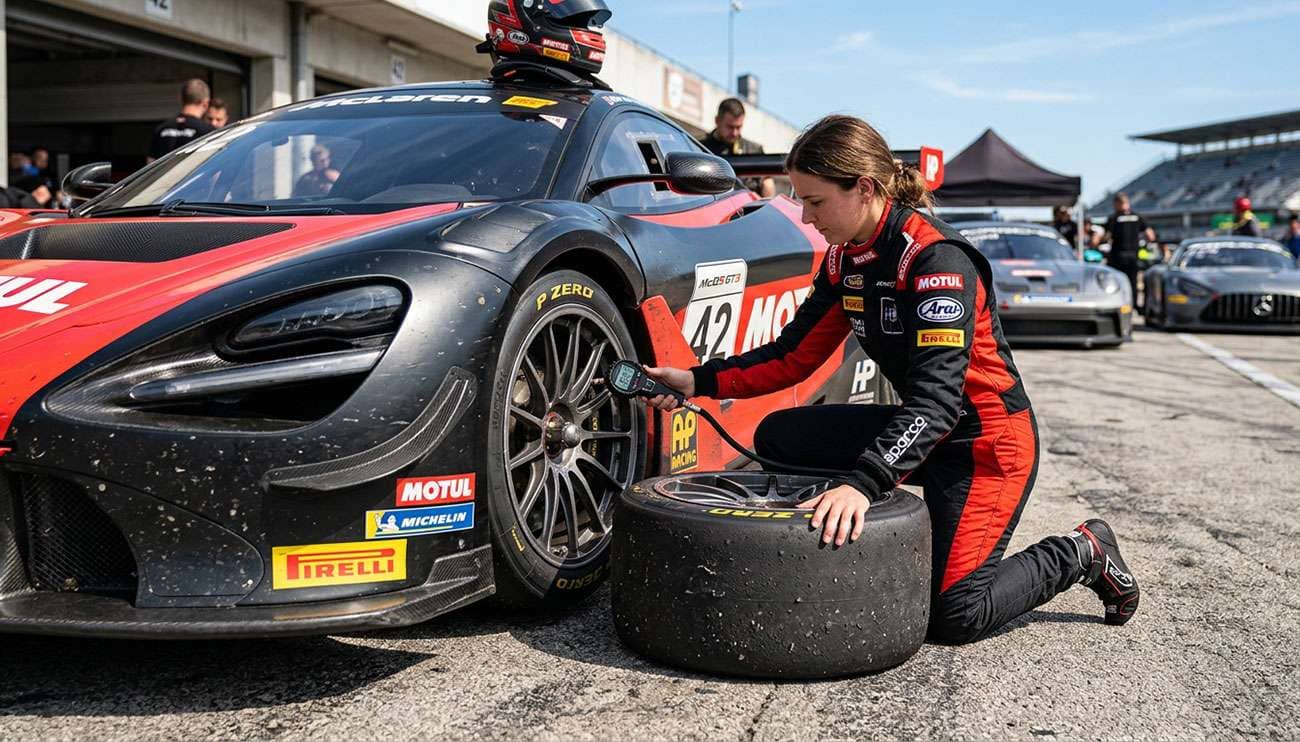 Driver checking hot tire pressure with a digital gauge on a performance car in the paddock right after a track session