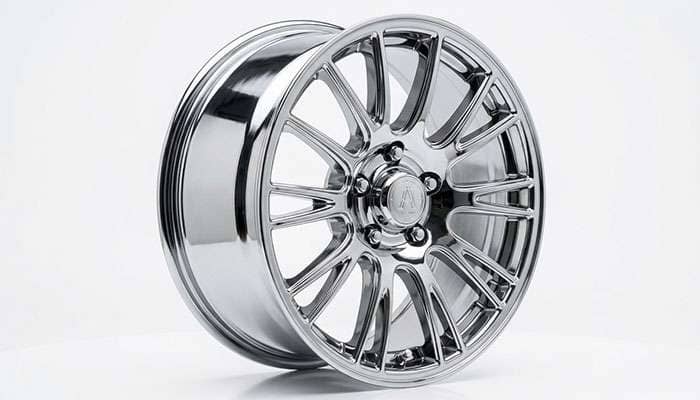 Traditional electroplated chrome wheel with a deep mirror finish