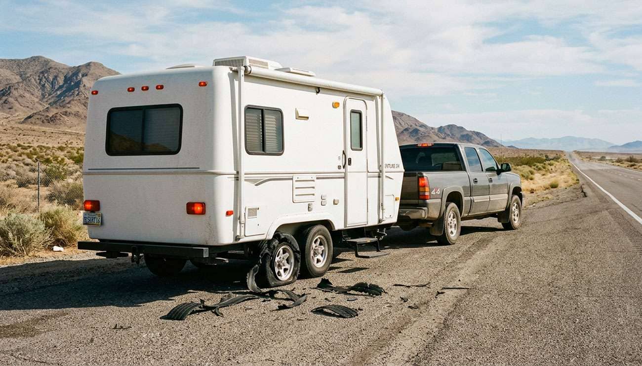 Tandem axle travel trailer stopped on a highway shoulder with a blown out trailer tire and shredded tread on the pavement