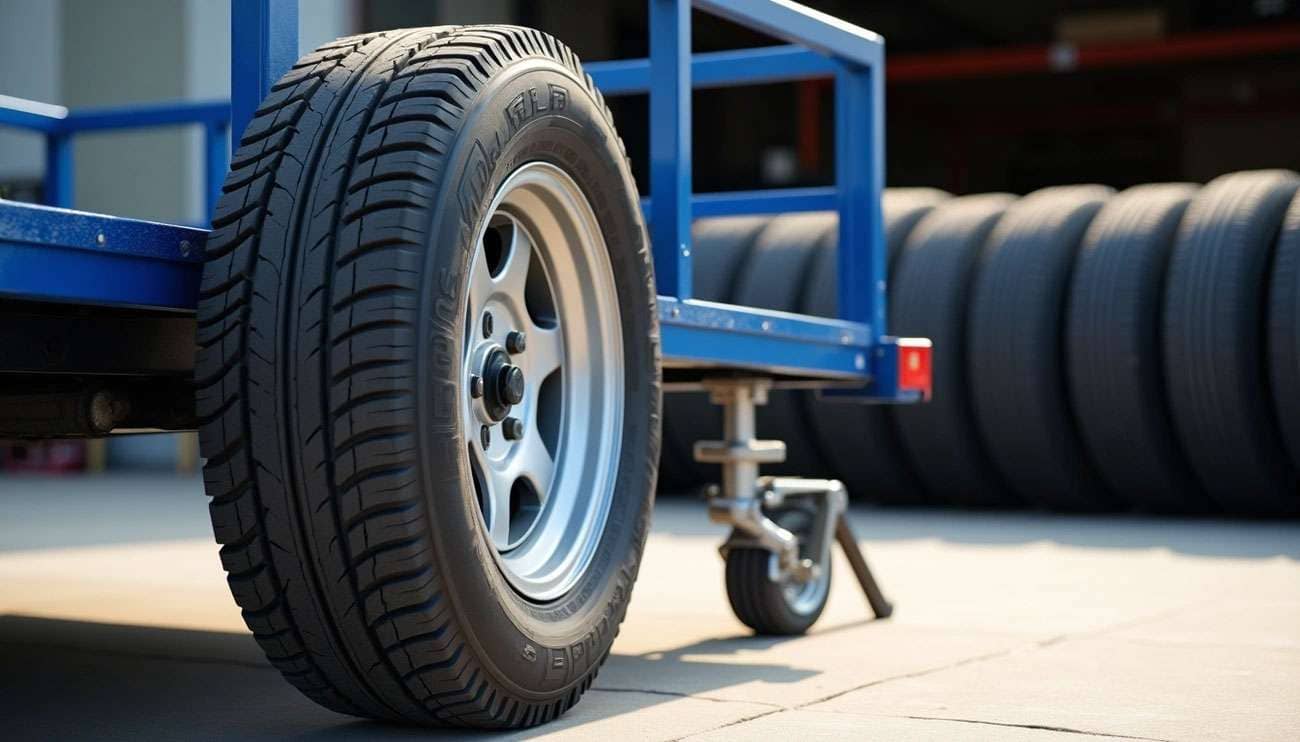 Close-up of a trailer tire mounted on a blue utility trailer with additional tires stacked in the background