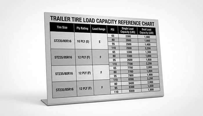 Chart showing trailer tire sizes ply ratings and load ratings for single and dual tire setups at specific PSI levels