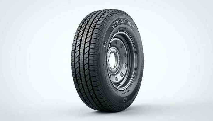 Trailer tire with ST rating showing high load capacity construction