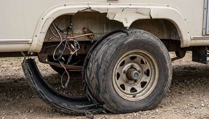 Trailer tire with separated tread hanging loose next to a damaged fender skirt in the wheel well of a travel trailer