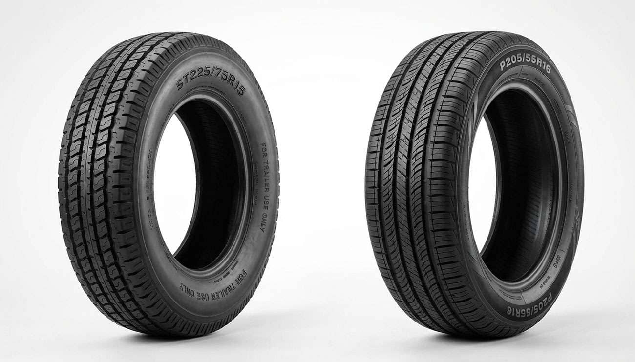 Comparison of ST trailer tires and passenger car tires showing sidewall and tread differences
