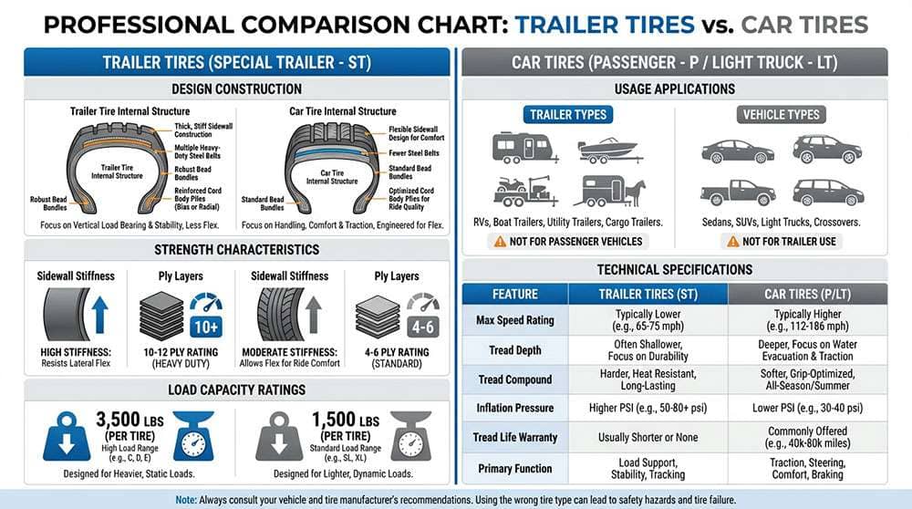 Comparison chart highlighting differences between trailer tires and car tires in design, strength, capacity, and use