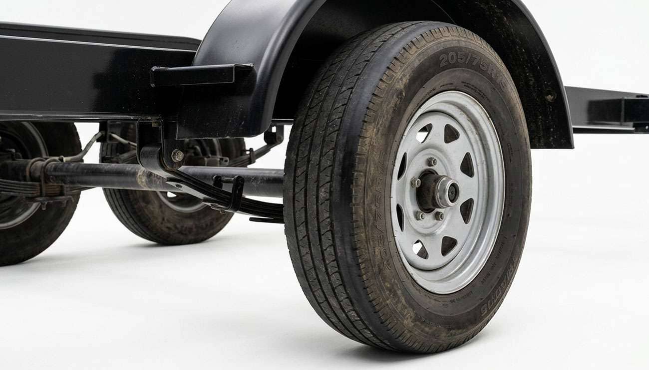 Trailer tire with a smooth, worn inside shoulder mounted on a tandem axle utility trailer