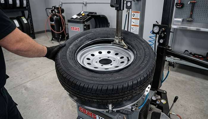 Trailer wheel being mounted with a new tire in a professional tire shop environment showing the bead seat area and tire mounting machine