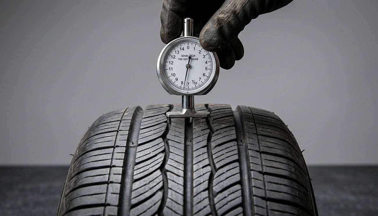 Tire tread depth gauge measuring tread depth on car tire groove in automotive shop