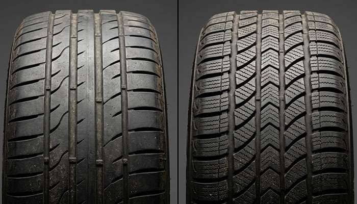 Side-by-side tread pattern comparison showing summer tire continuous blocks versus all-season tire deeper grooves and sipes