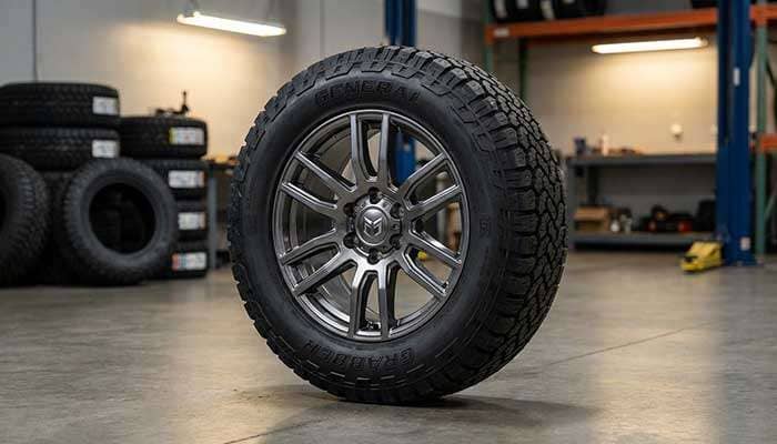 Close-up of a car tire with alloy wheel and blurred stack of tires in the background