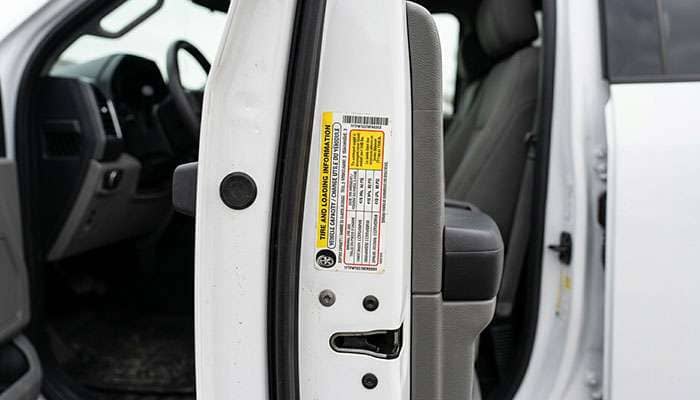 Pickup truck driver door jamb placard showing original tire size load rating and cold inflation pressure
